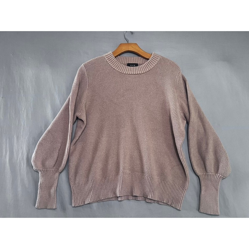 VICI Ribbed Balloon Sleeve Crew Neck Sweater Mauve Taupe Large